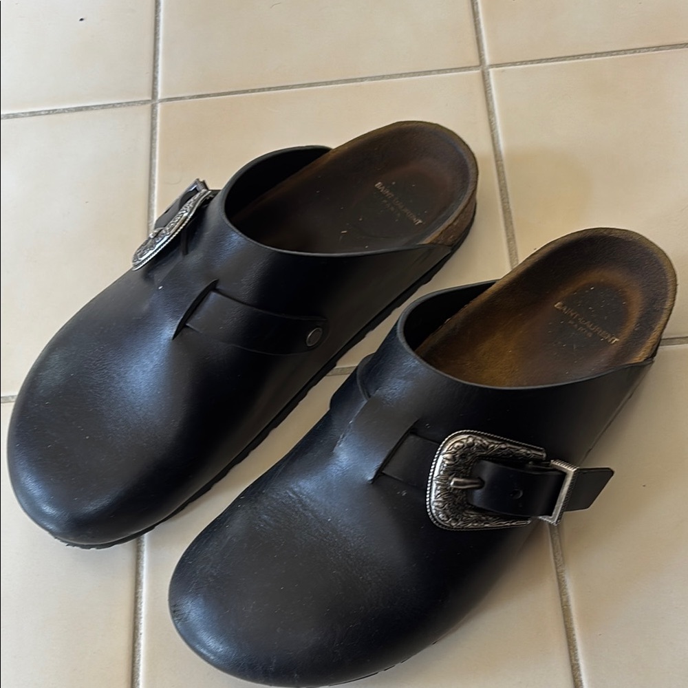 Saint Laurent Black Clogs with Western Buckle